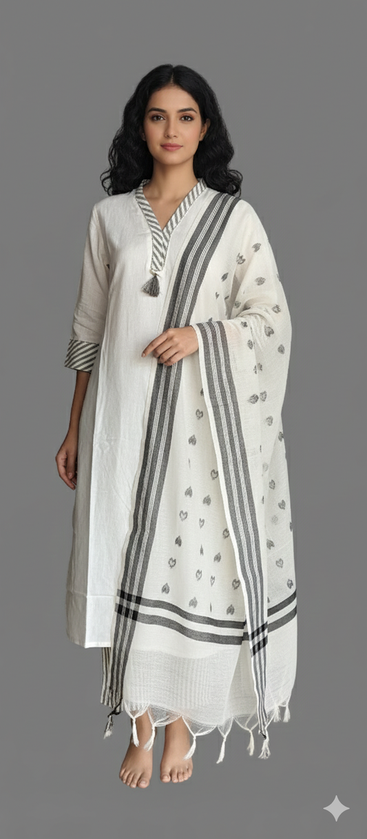 Women kurti with pant and dupatta | Straight cut | Half white Y neck with striped pants