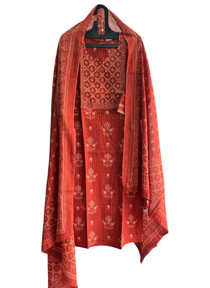 Women kurti with pant and dupatta | Straight cut | Brick with yoke zari work