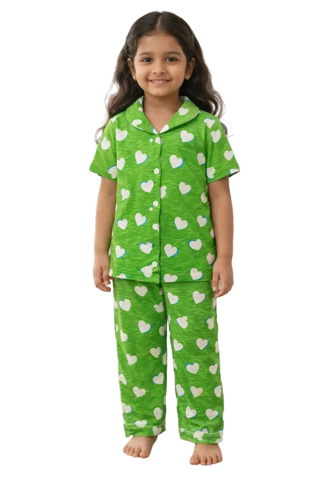 Kids Night Pant Set | Parrot green with white heart print