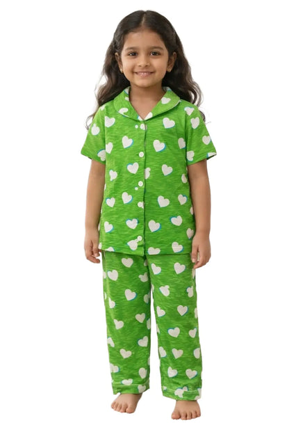 Kids Night Pant Set  | GCNS | Parrot green with white heart print