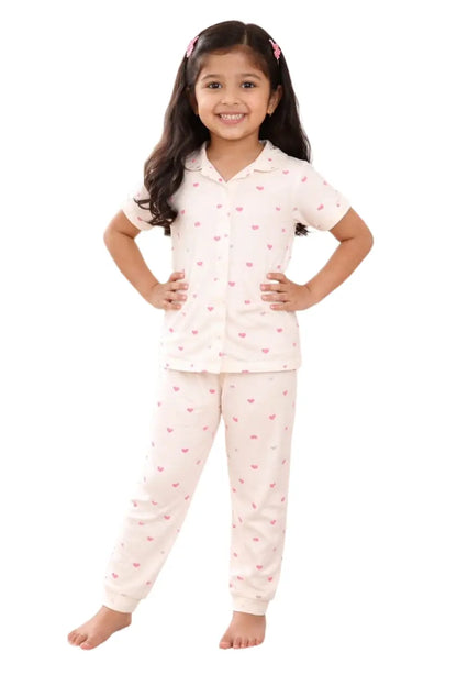 Kids Night Pant Set  | GCNS | Cream with pink heart print