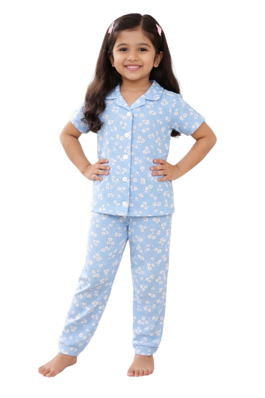 Kids Night Pant Set | Light sky blue with flowers print