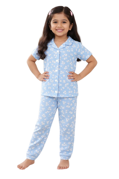 Kids Night Pant Set  | GCNS | Light sky blue with flowers print