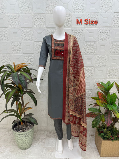 Women kurti with pant and dupatta |Grey Ajrakh sets | Dabuset