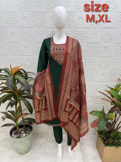 Women kurti with pant and dupatta |Bottle Green Ajrakh sets | Dabuset