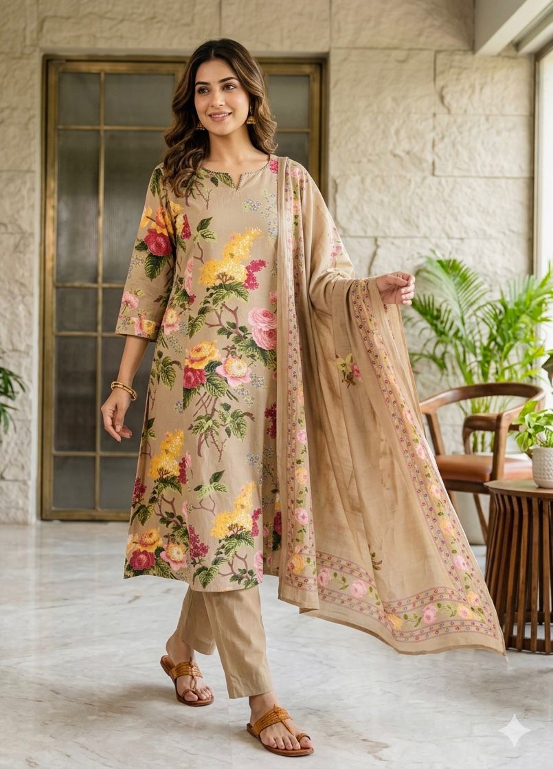 Women kurti with pant and dupatta | Straight cut | Multicolor florals in skin base