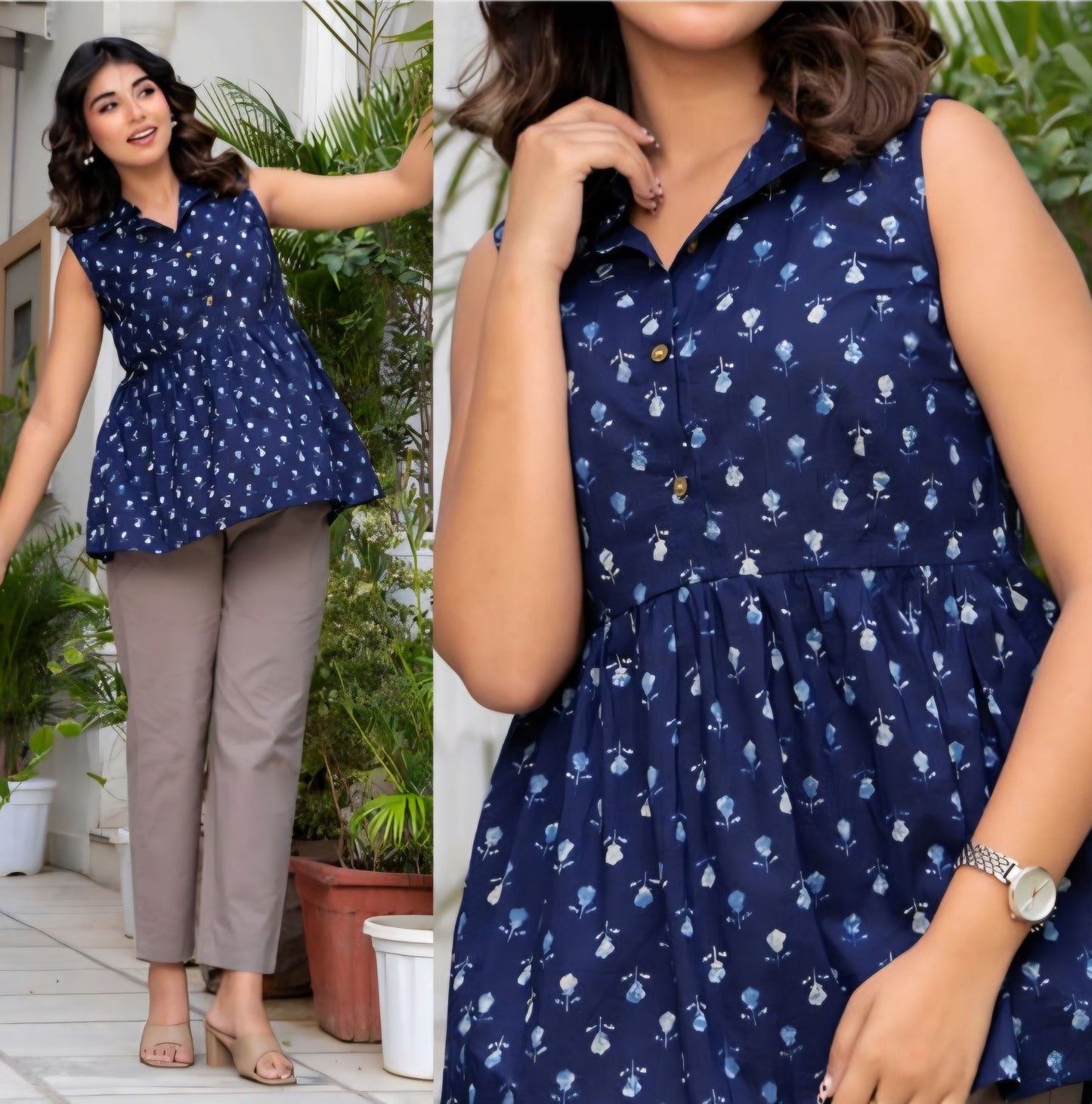 Sleeveless collar peplum top(short sleeve inside) | Navy blue collar block print