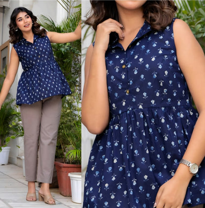 Sleeveless collar peplum top(short sleeve inside) | Navy blue collar block print