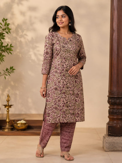 Women kurti with pant | Premium quality Magenta floral with yoke zari work