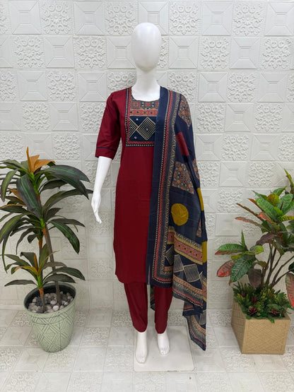 Women kurti with pant and dupatta |Red with Maroon color 3 piece sets | Dabuset