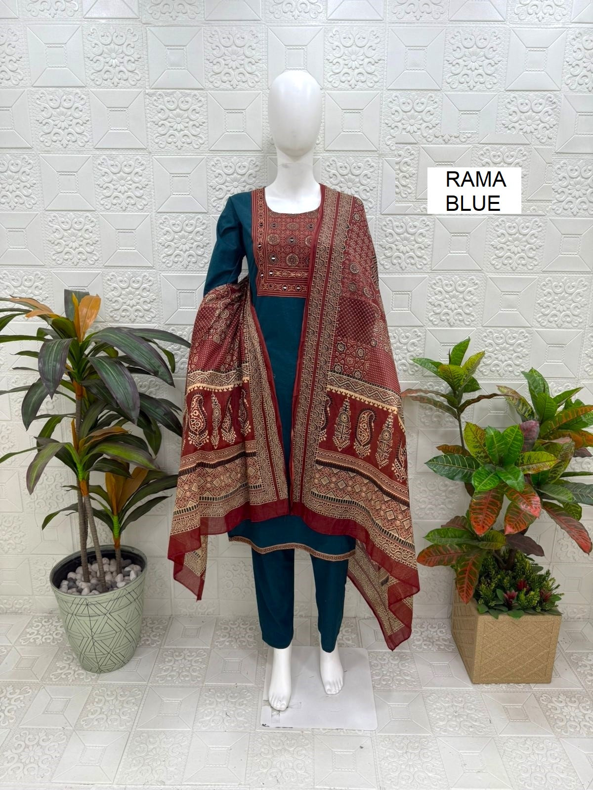 Women kurti with pant and dupatta |Rama Blue(print 2) 3 piece sets | Dabuset