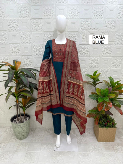 Women kurti with pant and dupatta |Rama Blue(print 2) 3 piece sets | Dabuset