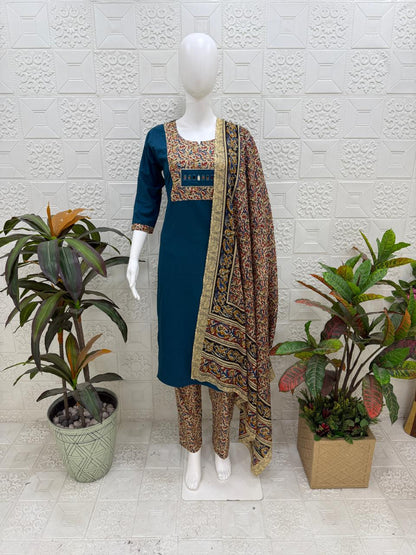 Women kurti with pant and dupatta |Peacock Blue kalamkaari sets | Dabuset