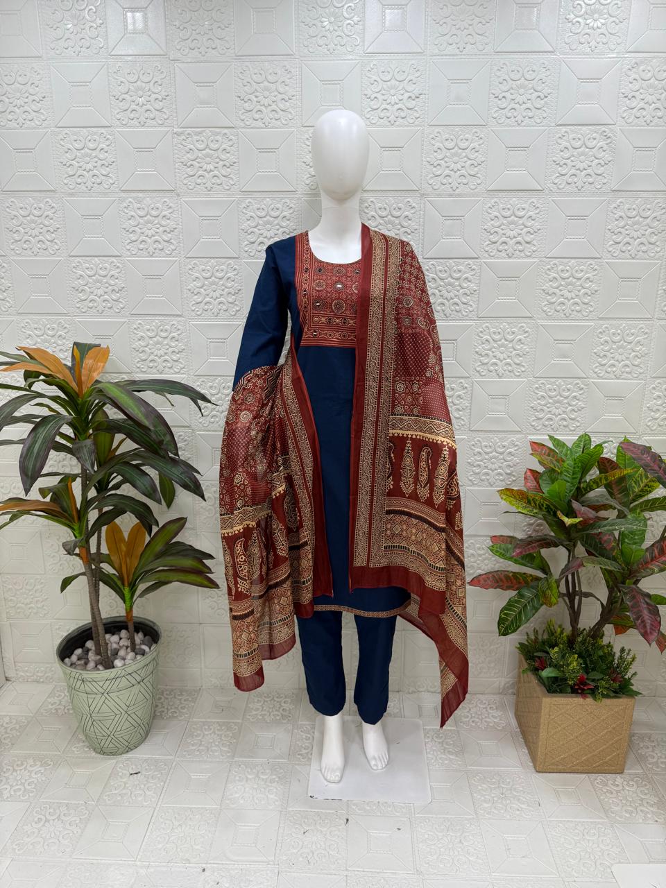Women kurti with pant and dupatta |Navy blue print 2 sets | Dabuset
