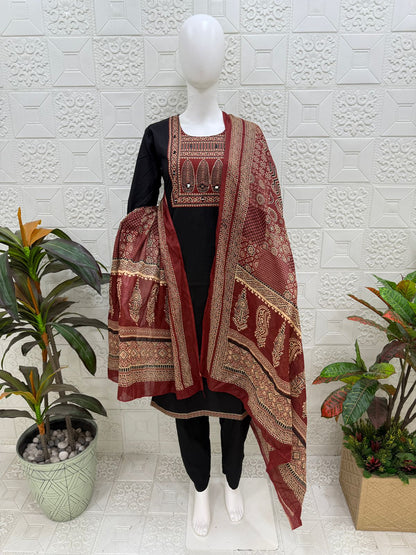Women kurti with pant and dupatta |Black color 3 piece sets | Dabuset