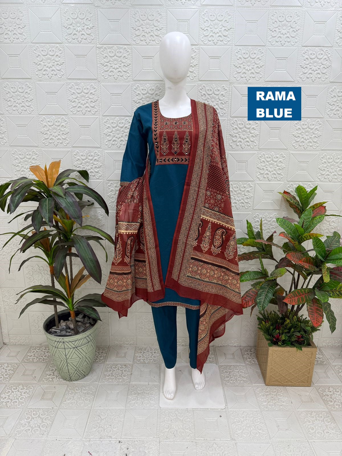 Women kurti with pant and dupatta |Rama blue print 1 sets | Dabuset