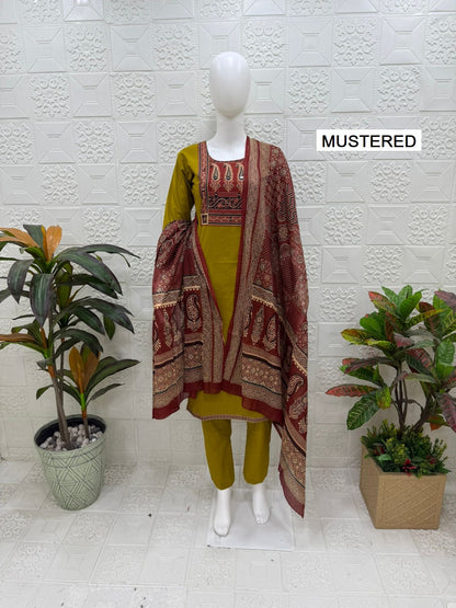 Women kurti with pant and dupatta |Mustard print sets | Dabuset