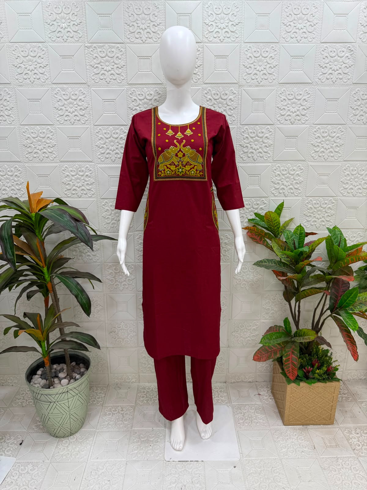 Women kurti with pant | Red Maroon Embroidery sets | Dabuset