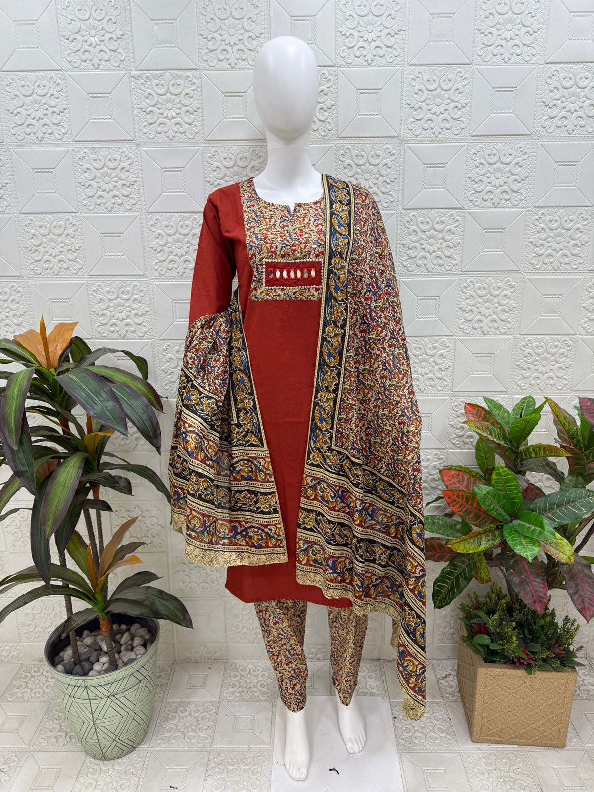 Women kurti with pant and dupatta |Brick orange kalamkaari sets | Dabuset