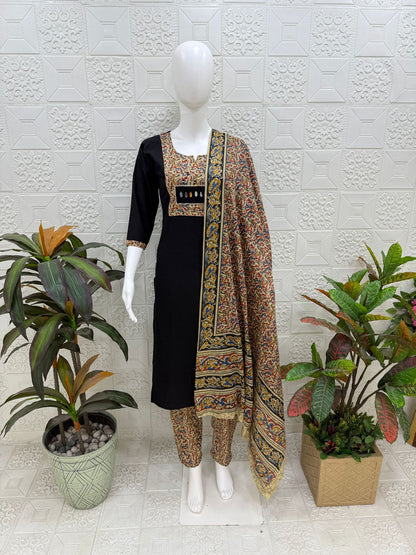 Women kurti with pant and dupatta |Black kalamkaari sets | Dabuset