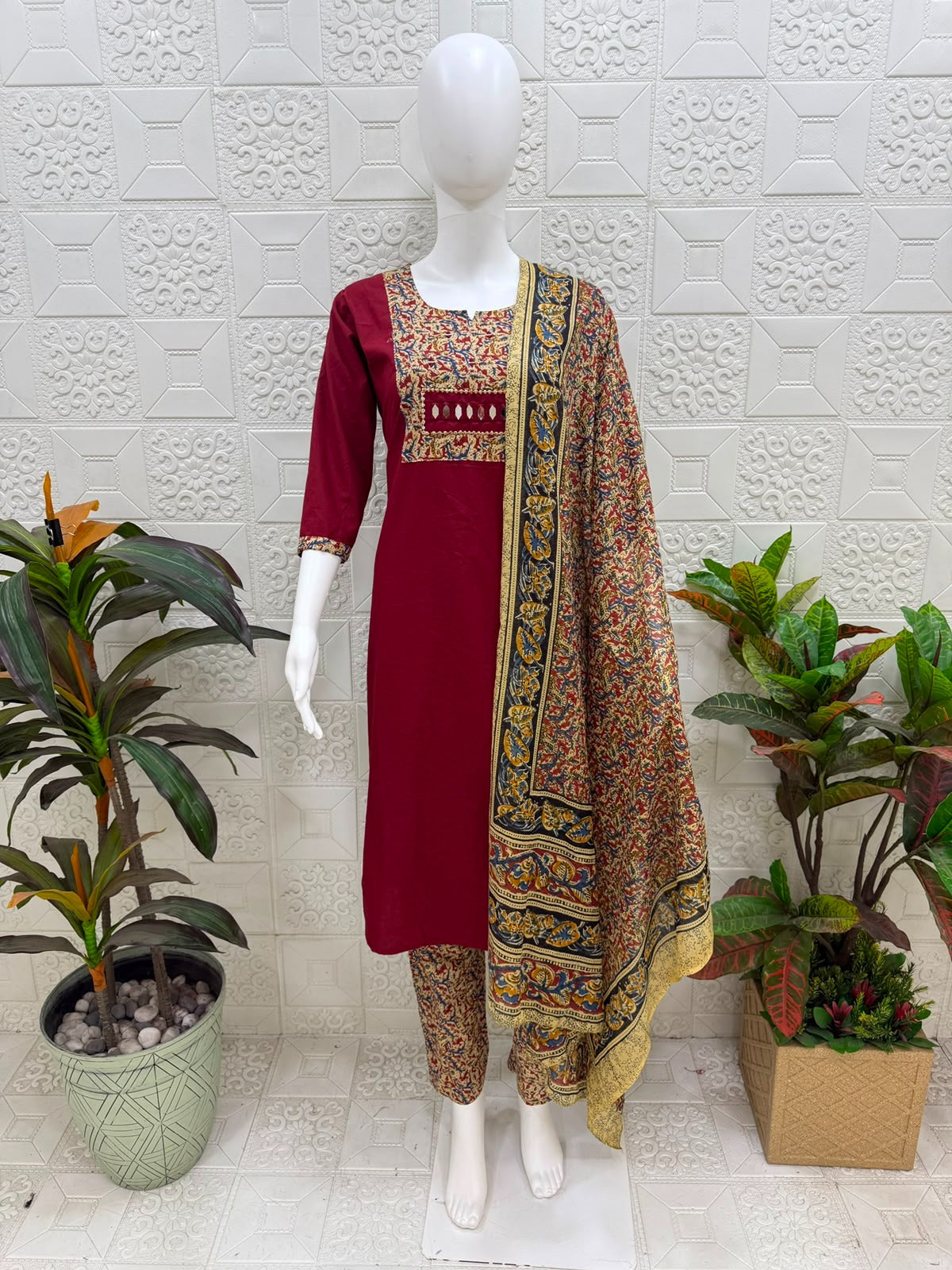 Women kurti with pant and dupatta |Maroon kalamkaari sets | Dabuset