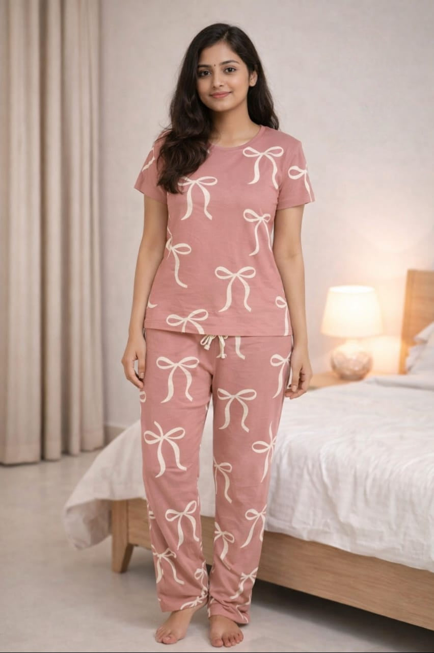 Women Co-ord Tshirt Pant set |white Bow