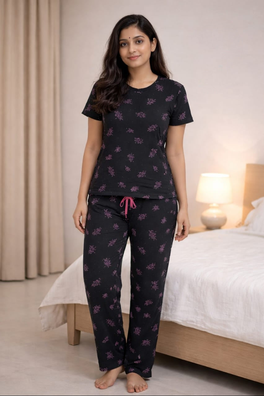 Women Co-ord Tshirt Pant set |Black with Purple