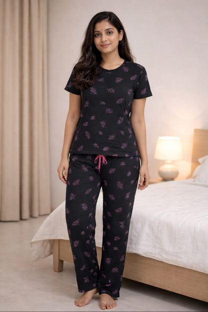 Women Co-ord Tshirt Pant set |Black with Purple