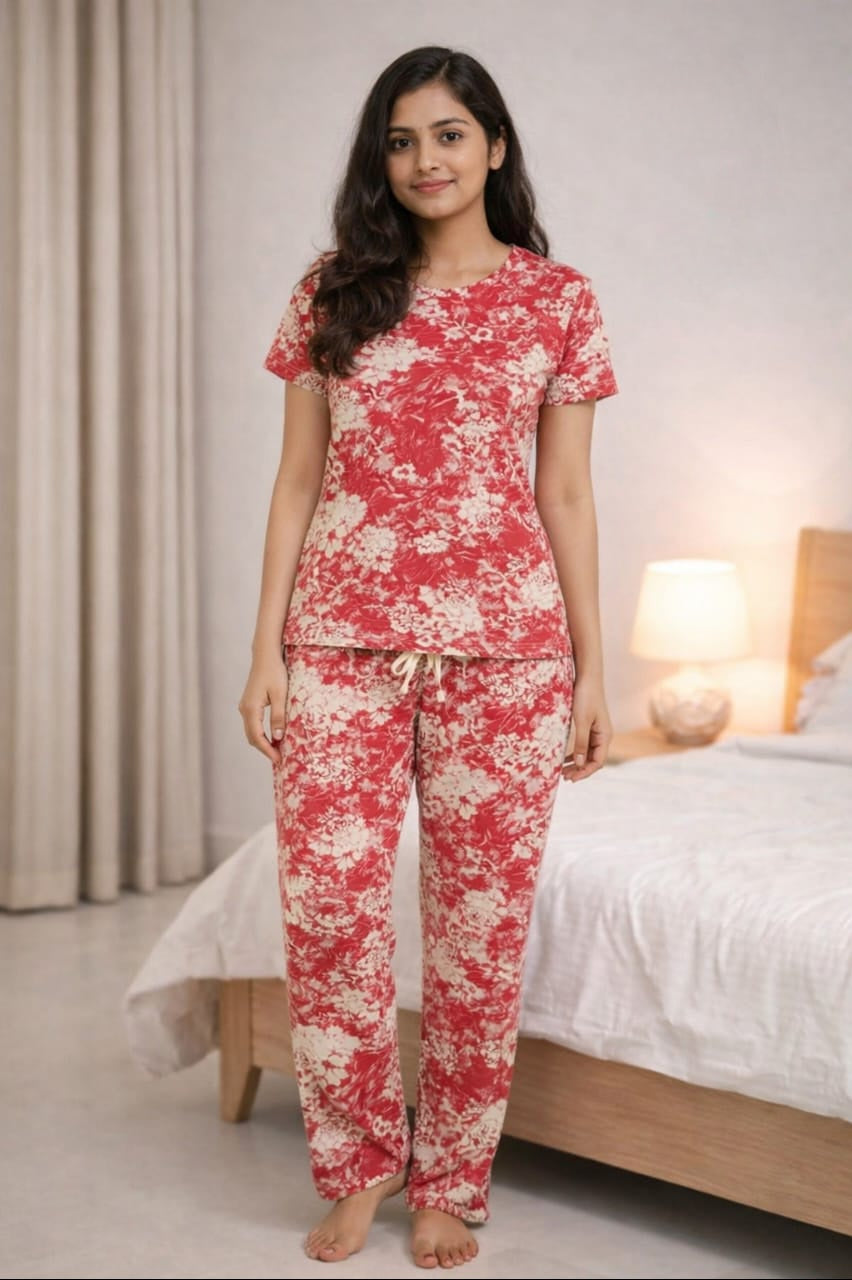 Women Co-ord Tshirt Pant set |Carrot pink and cream patches