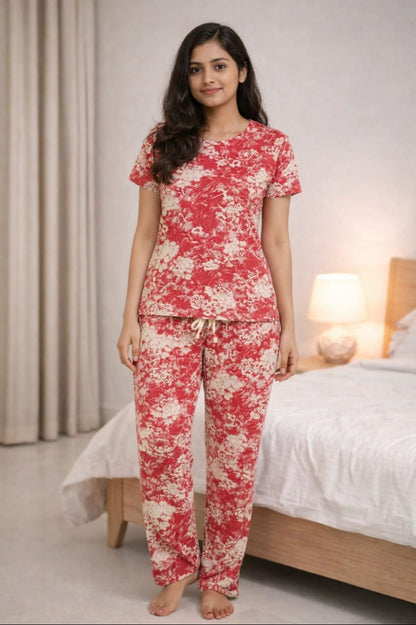 Women Co-ord Tshirt Pant set |Carrot pink and cream patches