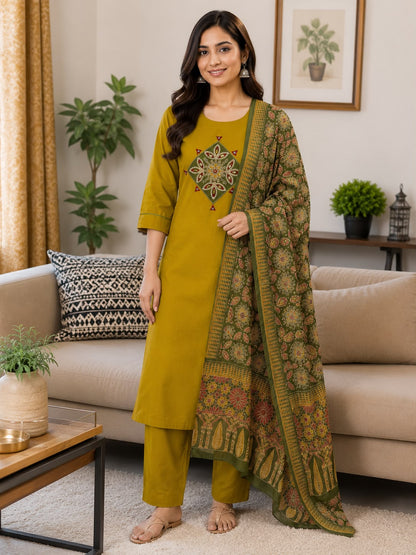 Women kurti with pant and dupatta |  Mustard Yellow with Green yoke | DABUSET