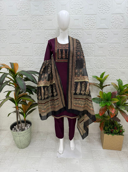 Women kurti with pant and dupatta |  Rich Wine print sets | DABUSET