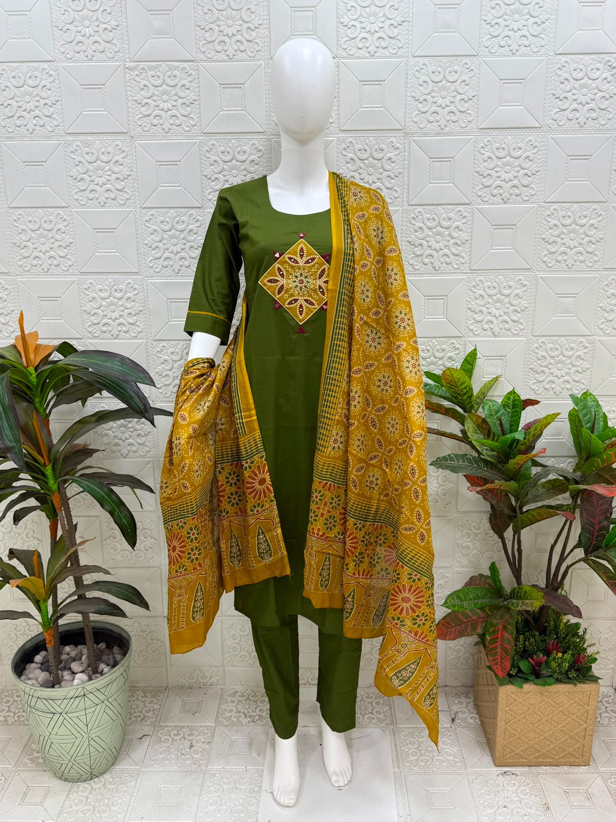 Women kurti with pant and dupatta |  Green with Mustard Yellow  yoke |DABUSET