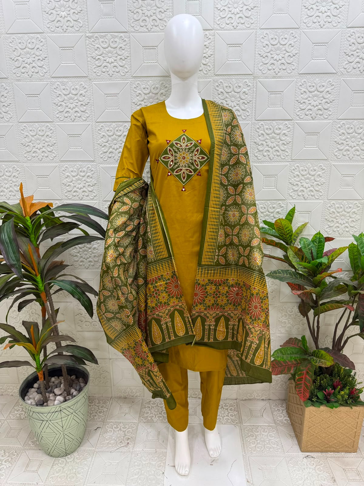 Women kurti with pant and dupatta |  Mustard Yellow with Green yoke | DABUSET
