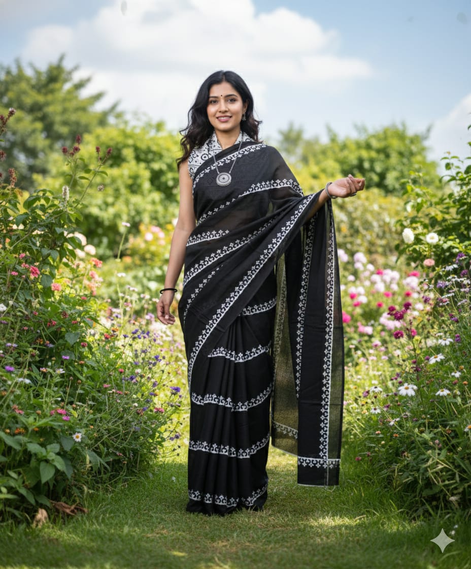 Mul Mul Cotton Saree | Lace bhutta in black