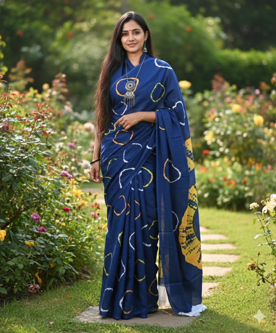 Mul Mul Cotton Saree | Colorful Rhombus in navy