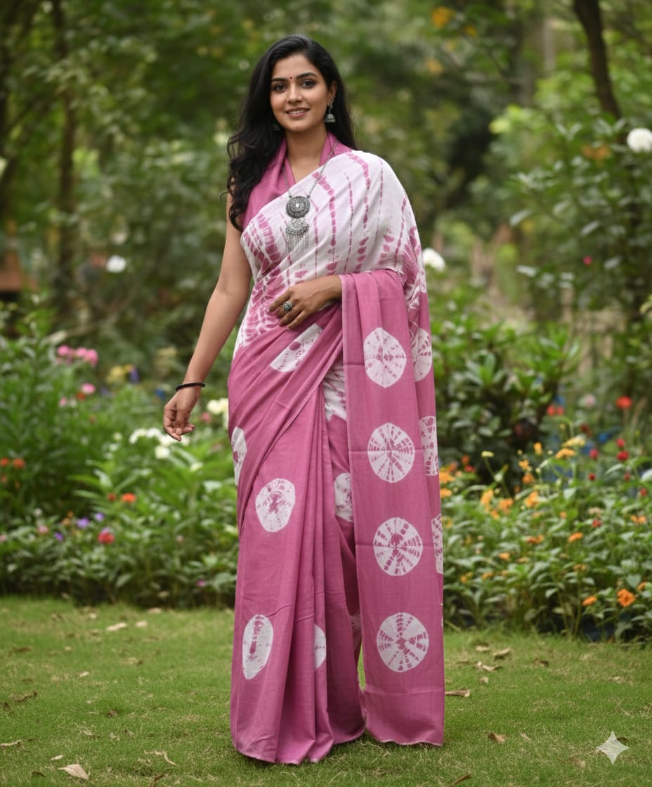 Mul Mul Cotton Saree | Peach Bandhani