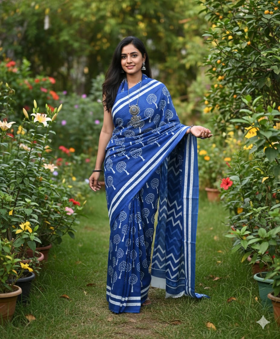 Mul Mul Cotton Saree | Navy with white tree