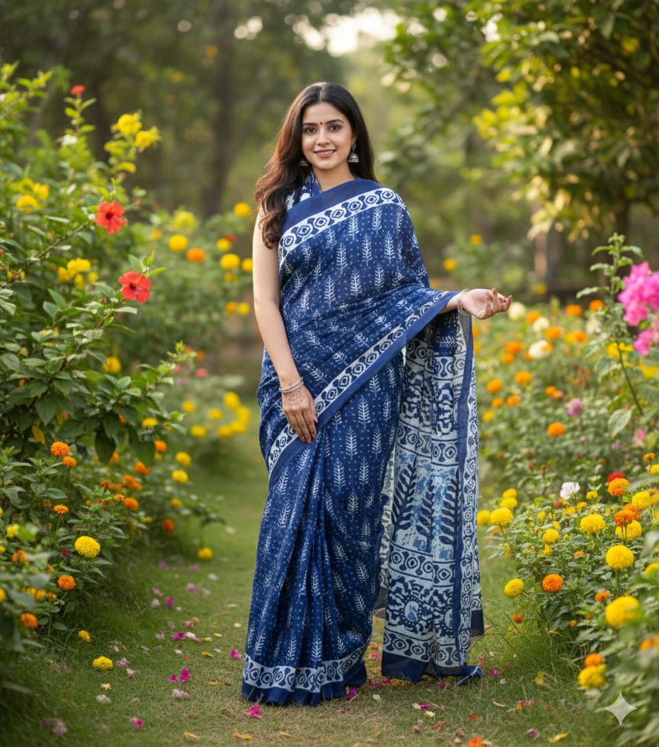 Mul Mul Cotton Saree| Navy white tree