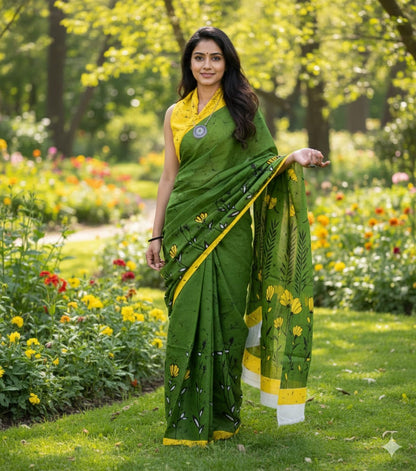 Mul Mul Cotton Saree |Green with Yellow