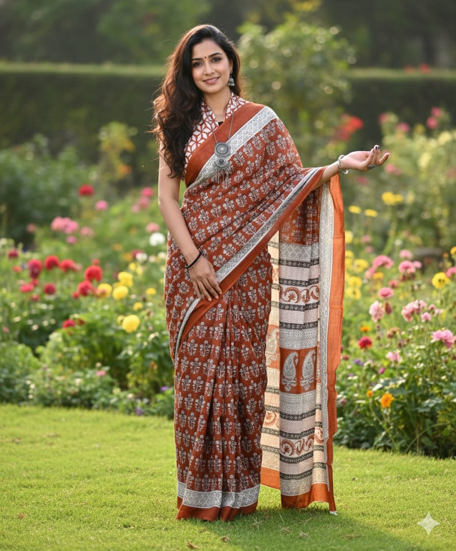 Mul Mul Cotton Saree | Tree bhutta in brick 1
