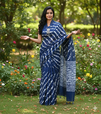 Mul Mul Cotton Saree | Cross Lines in Navy