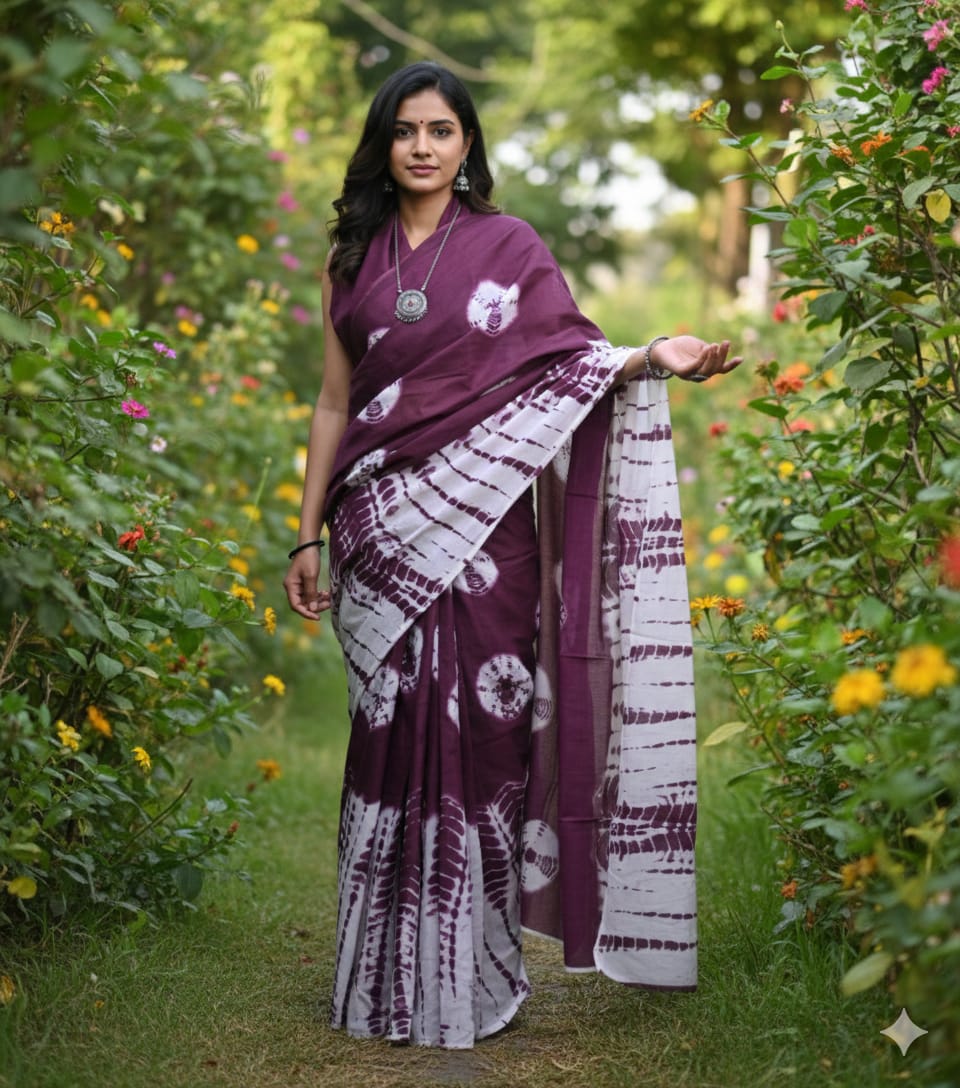Mul Mul Cotton Saree | Purple Bandhani