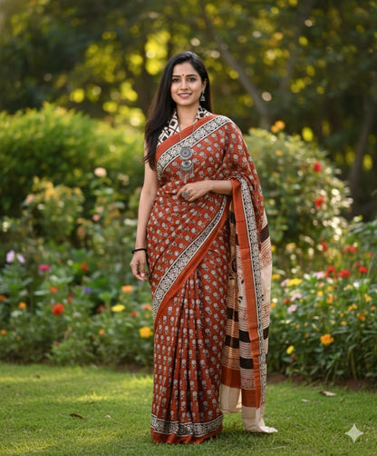 Mul Mul Cotton Saree | Cream Flower In Maroon