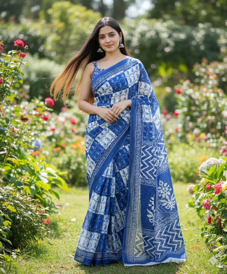 Mul Mul Cotton Saree | Navy White Mango