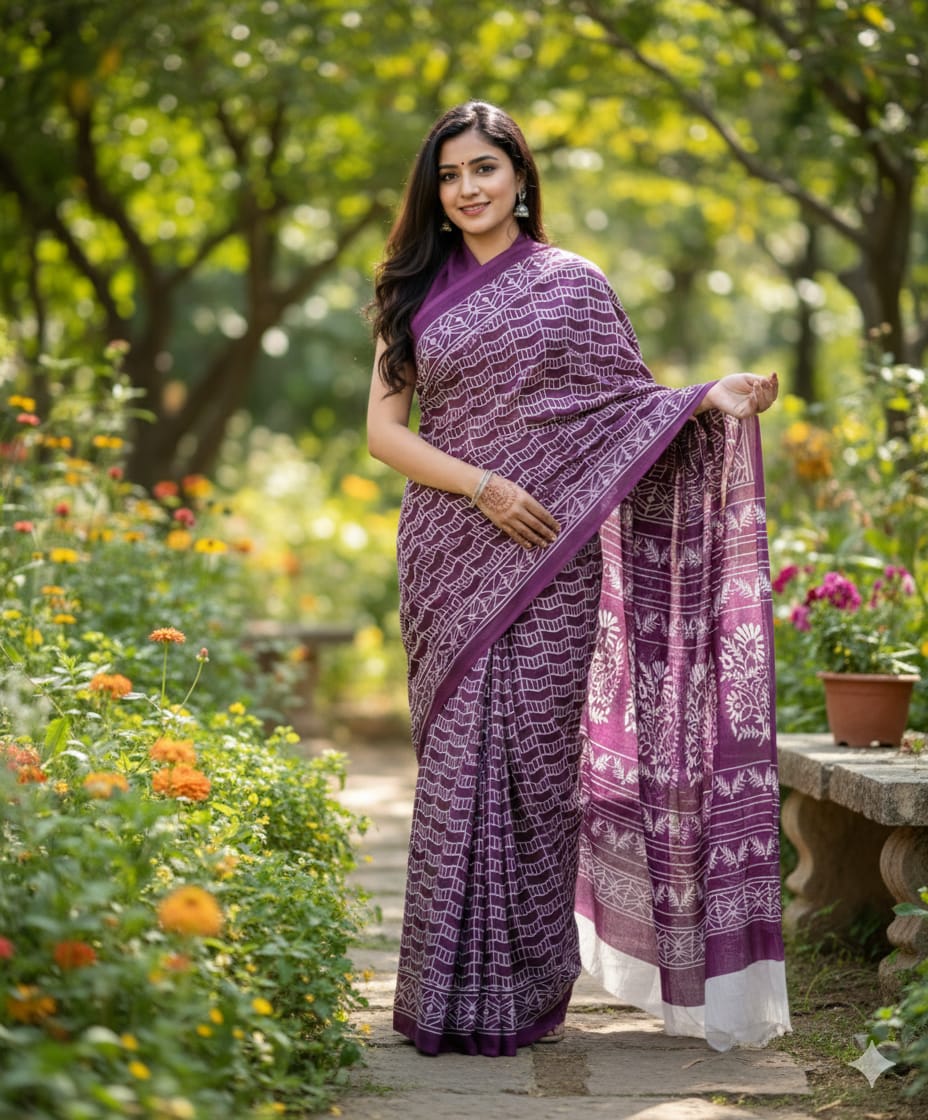 Mul Mul Cotton Saree | Zigzag with lines in purple
