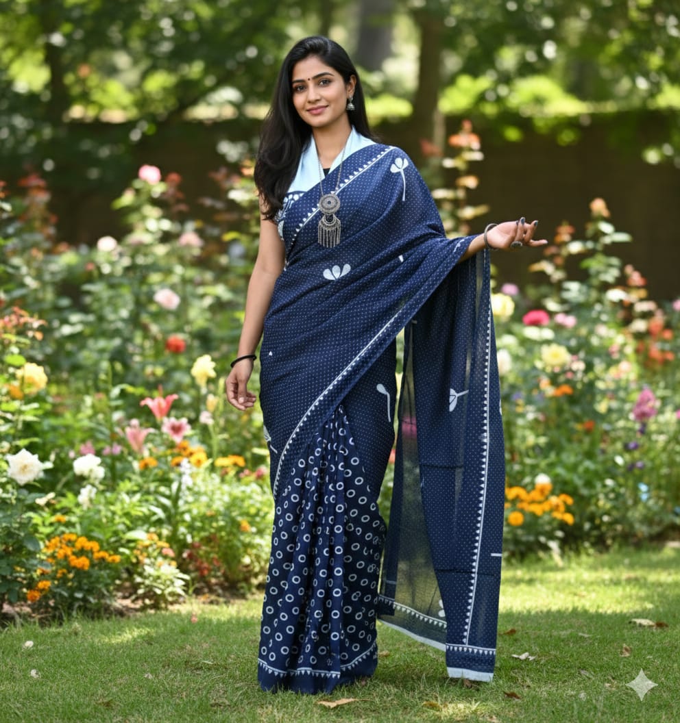 Mul Mul Cotton Saree | Dotted Navy Blue