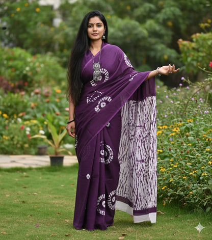 Mul Mul Cotton Saree | Round bhutta in purple