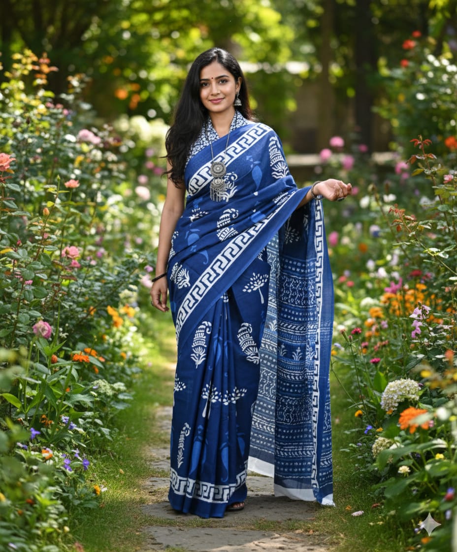 Mul Mul Cotton Saree | Mango bhutta in indigo blue