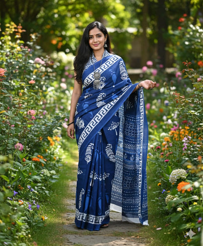 Mul Mul Cotton Saree | Mango bhutta in indigo blue